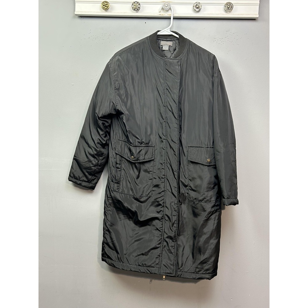 Sans Souci Coat Womens Small Black Longline Bomber Zip Snap Pockets Polyester